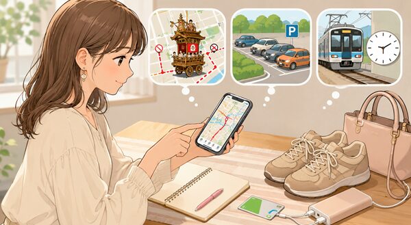 挙母祭りへ行く前に交通規制図や山車の運行経路、駐車場、電車の時刻をスマートフォンで確認する女性