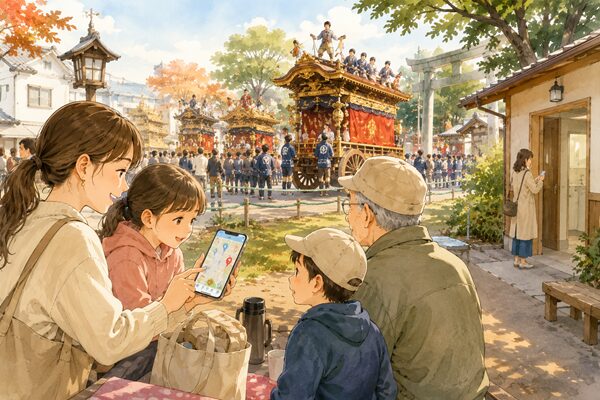 挙母祭りで人混みから少し離れて山車を観覧し、トイレや休憩場所を確認する子どもと高齢者のいる家族