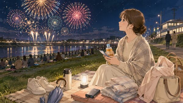 矢作川河川敷で奉納花火を見ながら羽織ものや雨具、飲み物、モバイルバッテリーを確認する女性