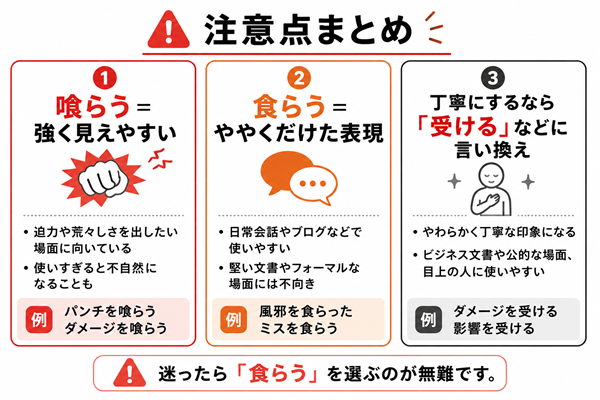 「食らう」「喰らう」と丁寧な言い換えの注意点をまとめた図