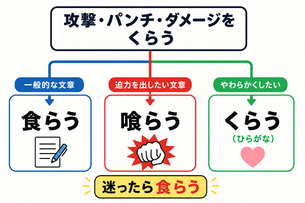 文章の印象に応じた「食らう」「喰らう」「くらう」の使い分け