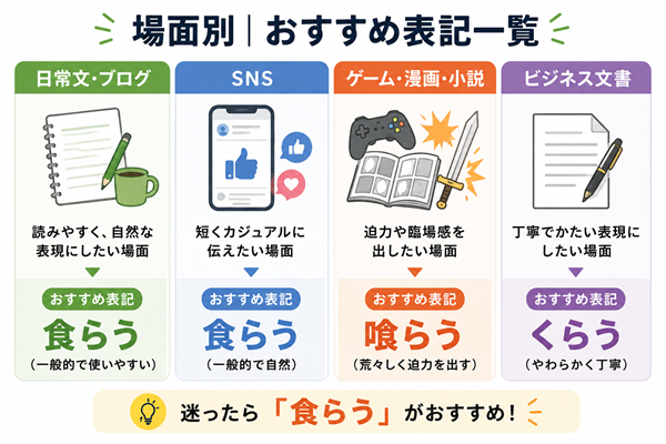 場面ごとの「食らう」「喰らう」「くらう」の使い分け一覧