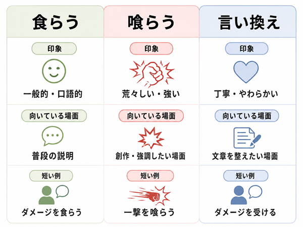 「食らう」「喰らう」「言い換え」の使い分けを比較した図