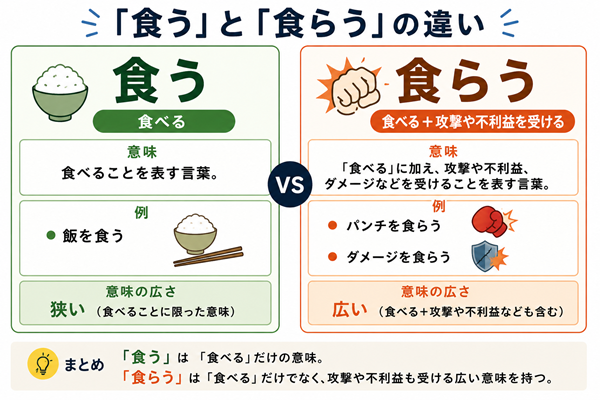 「食う」と「食らう」の意味と使い方の違いを比較した図