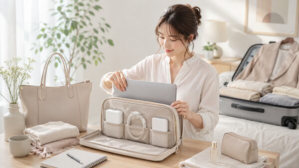 出張前にノートパソコンや充電器、USB Type-Cケーブル、モバイルバッテリーをポーチにまとめている女性のイラスト