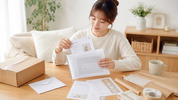 レターパックに書類と案内書を入れながら、宛名や品名を確認している女性