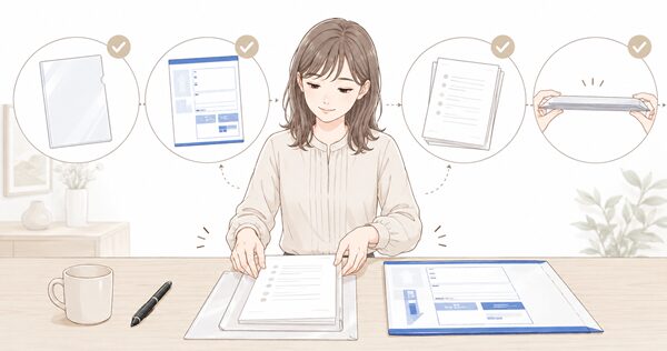 レターパックへ入れる書類の向きやクリアファイル、宛名、厚さを確認している女性