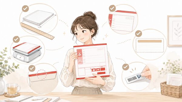 レターパックを持つ女性の周囲に、サイズ、厚さ、重さ、宛名、品名、封入口、追跡番号の確認項目を配置した発送前チェックのイラスト