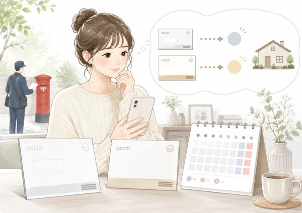 レターパックライトとプラスを前に、スマートフォンとカレンダーで配達日数を確認する女性
