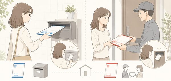 レターパックライトの郵便受け配達とレターパックプラスの対面配達を左右で比較したイラスト
