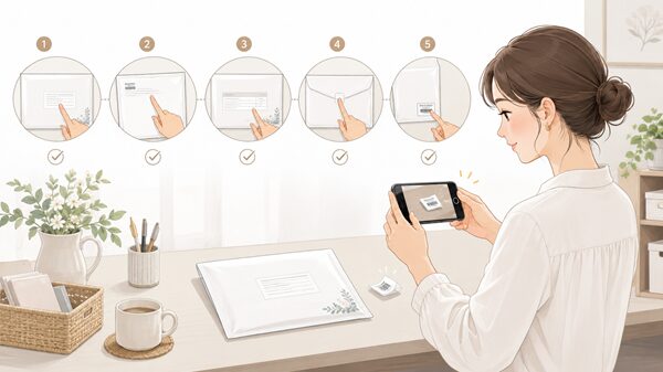 レターパック投函前に宛名や封の状態を確認し、保管用シールの追跡番号をスマートフォンで撮影する女性