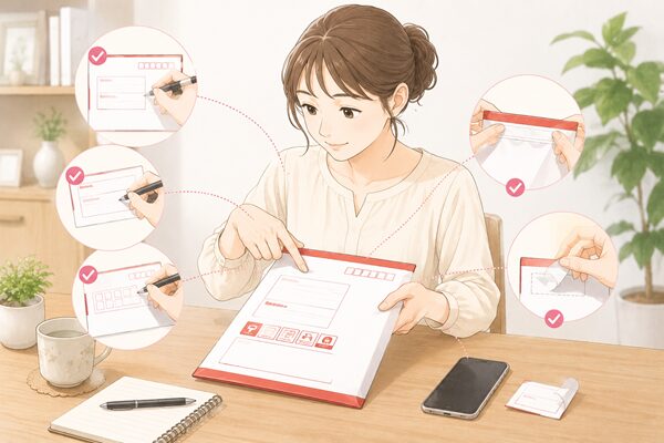 レターパックの宛名や封入口、追跡番号シールを投函前に確認している女性