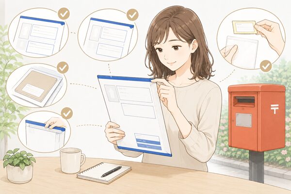 レターパックの宛名・差出人・品名・封の状態を確認し、追跡番号のシールを保管する女性