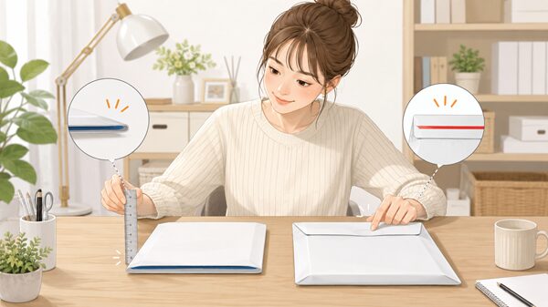 レターパックライトとレターパックプラスを机に並べ、女性が定規で厚さや封の状態を確認している様子