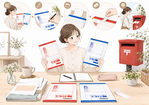 赤と青のレターパックを持つ女性と、購入、宛名記入、封入、追跡番号シールの保管、ポスト投函までの流れを表したイラスト