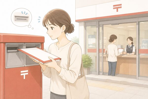 厚みのあるレターパックがポストに入らず、女性が郵便局の窓口へ持っていこうとしている様子