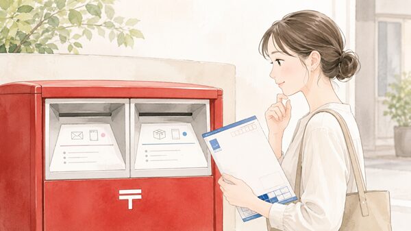 レターパックを持ち、左右に分かれた郵便ポストの投函口を確認している女性