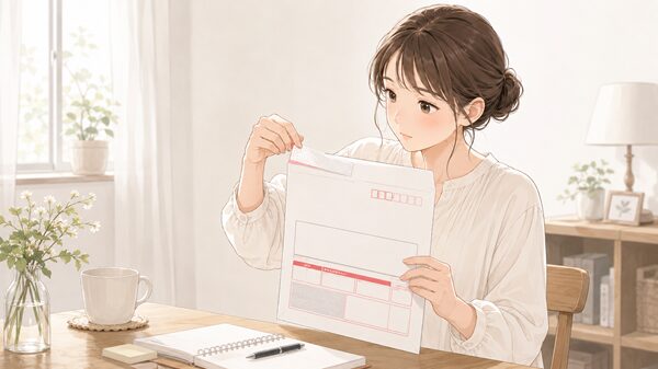 レターパックの表面を見ながら、ご依頼主様保管用シールを確認している女性
