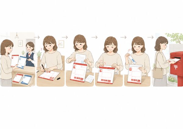 女性がレターパックを購入し、宛名を書き、書類を入れ、封入口を閉じ、追跡番号の保管用シールを剥がし、最後にポストへ投函するまでの流れを順番に表したイラスト