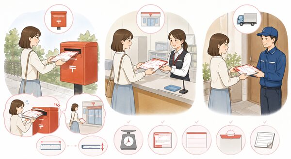 女性がレターパックを郵便ポスト、郵便局の窓口、自宅での集荷の三つの方法で差し出す場面を比較したイラスト