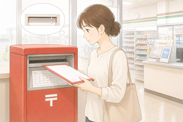 コンビニ店内の郵便ポストで、レターパックプラスが投函口に入るか確認している女性