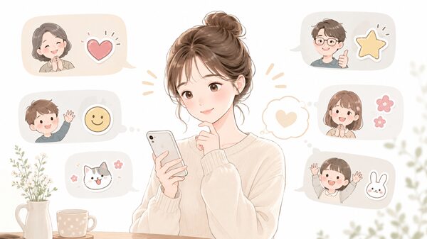 グループLINEで返信やスタンプをやさしくお願いしている女性のイラスト
