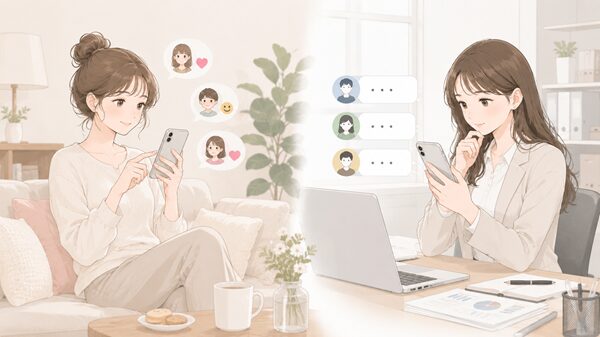 一般のLINEとLINE WORKSの違いをスマホ画面と女性の場面で表したイラスト