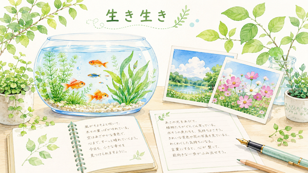 魚や植物や写真で生き生きの意味を表したイラスト