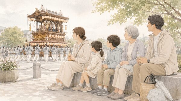 子連れや高齢者と一緒に新居浜太鼓祭りを無理のないペースで楽しみ、休憩しながら太鼓台を眺めている家族のイラスト