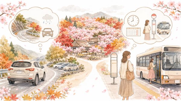 小原四季桜まつりへ車と路線バスで向かう方法を比較したイラスト