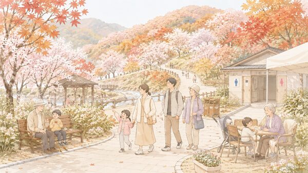 四季桜と紅葉の散策路を子どもや高齢者と休憩しながら歩く家族