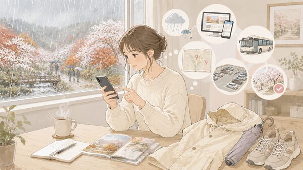 雨の日に小原四季桜まつりの天気や交通、開催情報をスマートフォンで確認する女性