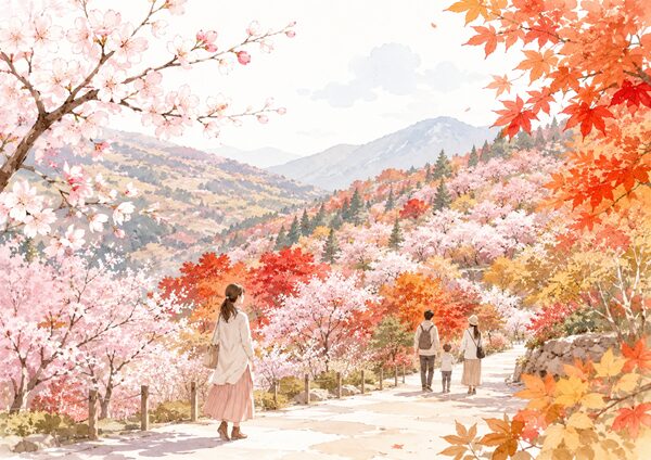 淡いピンクの四季桜と赤やオレンジに色づいた紅葉の中を散策する女性と家族