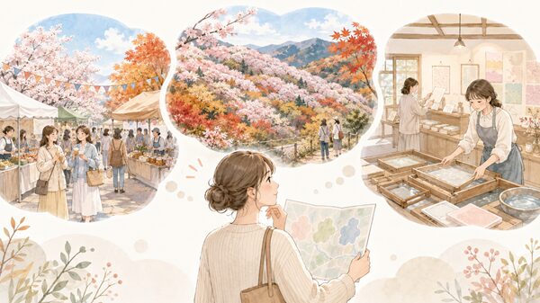 小原四季桜まつりの三つの主な会場を地図を見ながら選ぶ女性