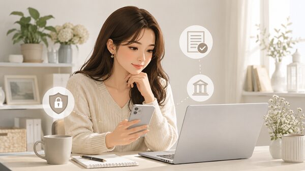 スマホとノートPCを見ながら公式情報を落ち着いて確認している女性のイラスト
