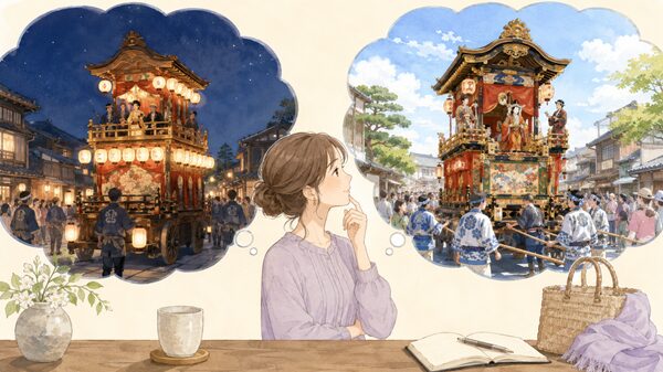 大津祭の宵宮と本祭を比較し、どちらの日に行くか考える女性