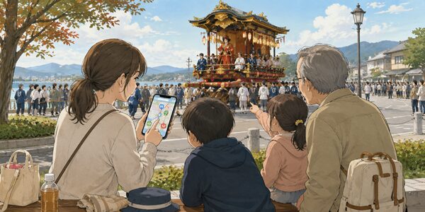 大津祭で子どもや高齢者と少し離れた場所から曳山を観覧する家族
