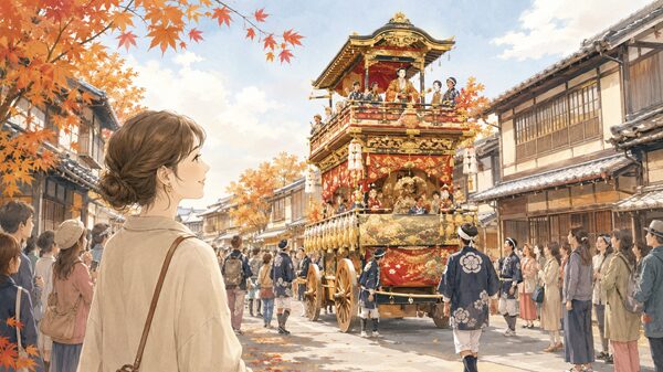 大津祭2026の本祭で町なかを巡行する曳山とからくりを見る女性