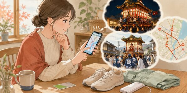 大津祭へ出かける前にスマートフォンで巡行経路と交通規制を確認する女性