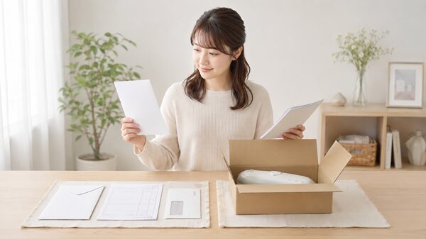 机の上に封筒や申込書、返信用封筒、段ボール箱、商品、取扱説明書を並べ、入れる場所を確認している女性