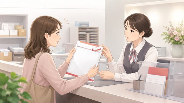レターパックプラスの封筒を持ち、剥がしてしまったシールの状態を郵便局の窓口で相談している女性