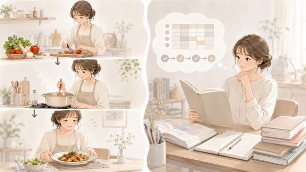 料理が完成するまでの過程と、教科書や学習計画に沿って学ぶ課程を左右に並べて比較したイラスト