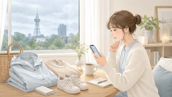 雨の日にスマートフォンで公式サイトや公式SNSを確認しながらレインコートや靴を準備している女性
