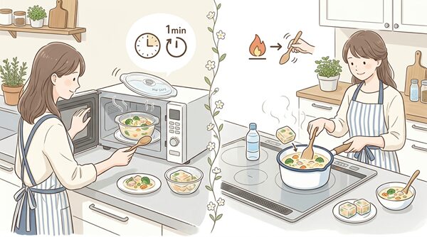 女性が冷凍シチューを電子レンジで加熱し途中で混ぜる様子（左）と、鍋に移して弱火でかき混ぜながら温める様子（右）を描いた比較イラスト