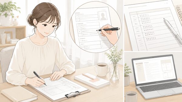 履歴書の各欄に学歴や職歴を書き入れている女性
