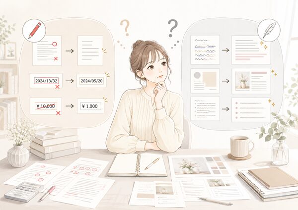 修正と訂正の違いに迷う女性が机の上の文章や資料を見比べ、左で誤字・日付・金額などの間違いを正しく直す場面、右で文章表現やレイアウトを整える場面を確認している横長イラスト