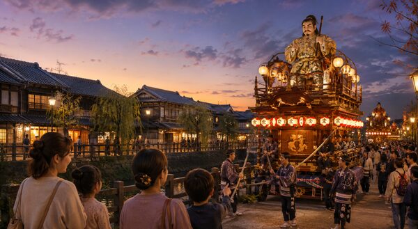 佐原の歴史的な町並みを背景に、大人形と提灯を飾った山車を女性や家族が見物する秋祭りの夕景