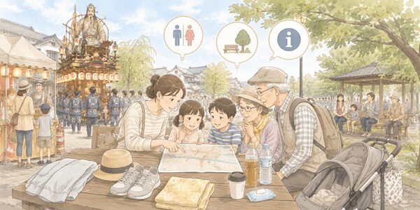 佐原の大祭秋祭りで、女性と子ども、高齢者が公式マップを見ながらトイレや休憩所を確認しているイラスト