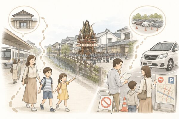 JR佐原駅から歩く家族と、交通規制や臨時駐車場を確認する家族を左右に描いた佐原の大祭秋祭りのアクセス案内イラスト