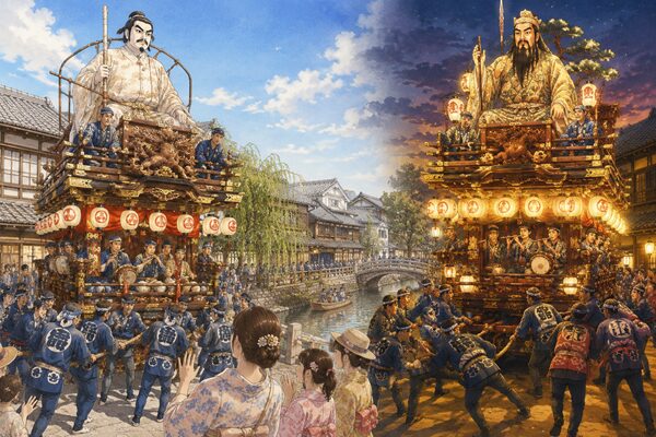 佐原の歴史的な町並みで、大人形を飾った山車を曳き手や囃子方が囲み、昼と夜の祭りの様子を描いたイラスト